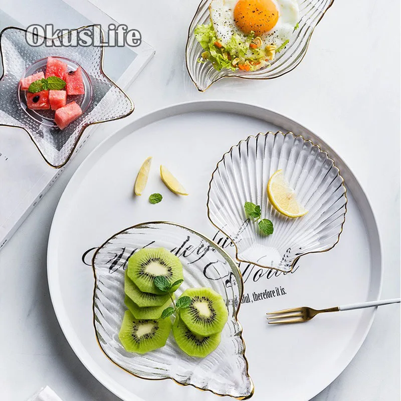 

Nordic Decorative Shell conch Marine Gold Edge Glass salad bowl Fruit Plate Candy Dish Snacks Dish From Desk Home Decoration