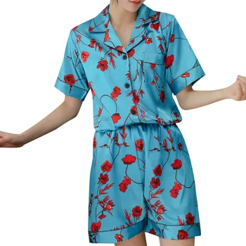 

JAYCOSIN Delicate Fashion Summer Womens Casual Sexy Simulation Silk Printing Pattern Pajamas Comfortable Homewear Sleepwear