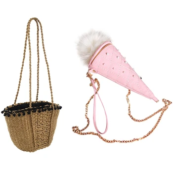 

Ice Cream Cone Ladies Hand Bags Candy Color Woman Bags Pink+White & for Women Handmade Straw Bags Summer Grass Handbags