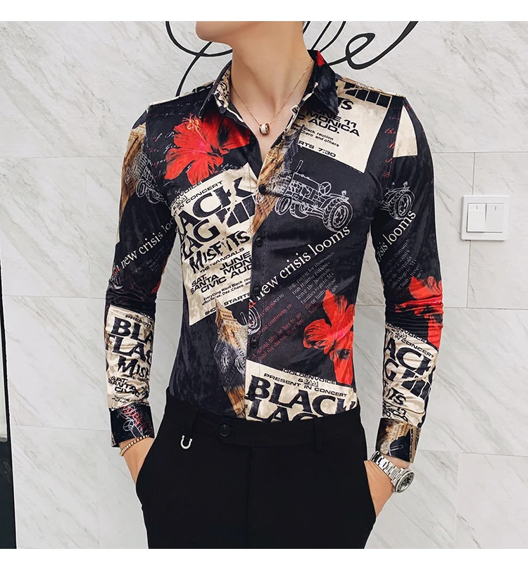 Бархатная рубашка с принтом Camisa Hanber2019 осень и зима новая мужская Клубная рубашка тонкая с длинными рукавами Мужская модная повседневная рубашка для выпускного вечера