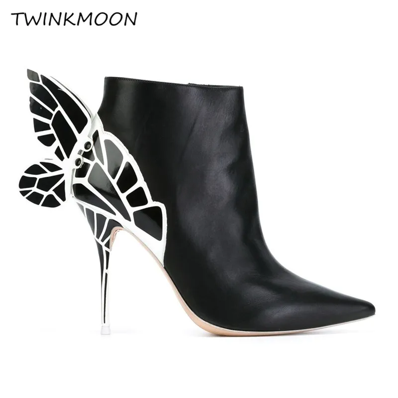 Женские ботинки с бабочкой; зимняя обувь; ботильоны на высоком каблуке; женские замшевые ботинки; Цвет черный, металлик; крылья; botas