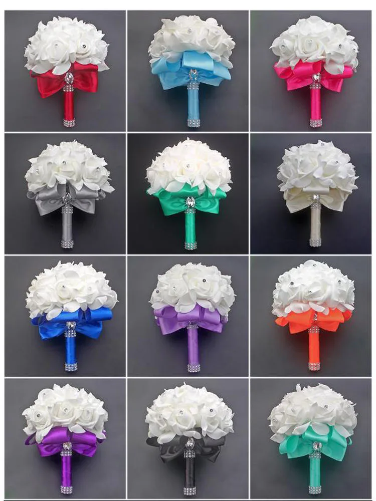 perfectlifeoh Wedding Bridal Bouquet Artificial Flower PE Foam Roses With Faux Crystal Rhinestone Ribbons for Party Church Decor wedding bouquets artificial rose flowers