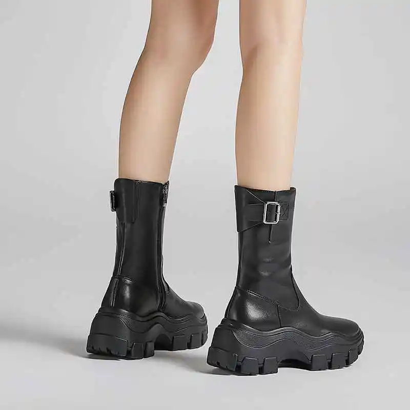 Botas mujer; обувь на высоком каблуке; женские мотоциклетные ботинки из коровьей кожи на толстой подошве; металлические застежки-пряжки сохраняющие тепло сапоги