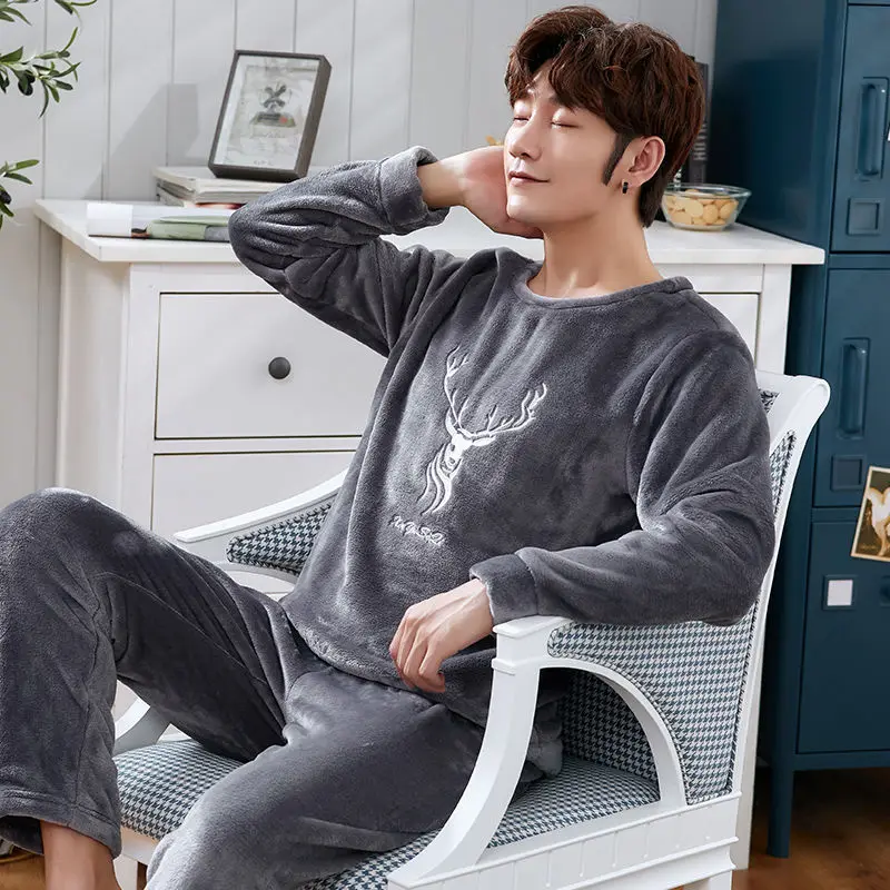 men pajama winter Мужской пижамный комплект осень зима теплая фланелевая утолщенная Коралловая флисовая пижама с длинным рукавом Повседневная одежда для сна Топ и штаны для отдыха - Цвет: men pajama winter
