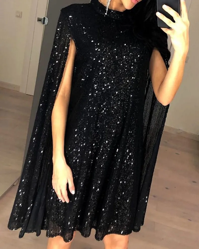 Блестящее платье с имитацией шеи, дизайнерское платье с блестками, женские вечерние платья миди для ночного клуба, Vestidos De Fiesta - Цвет: Черный