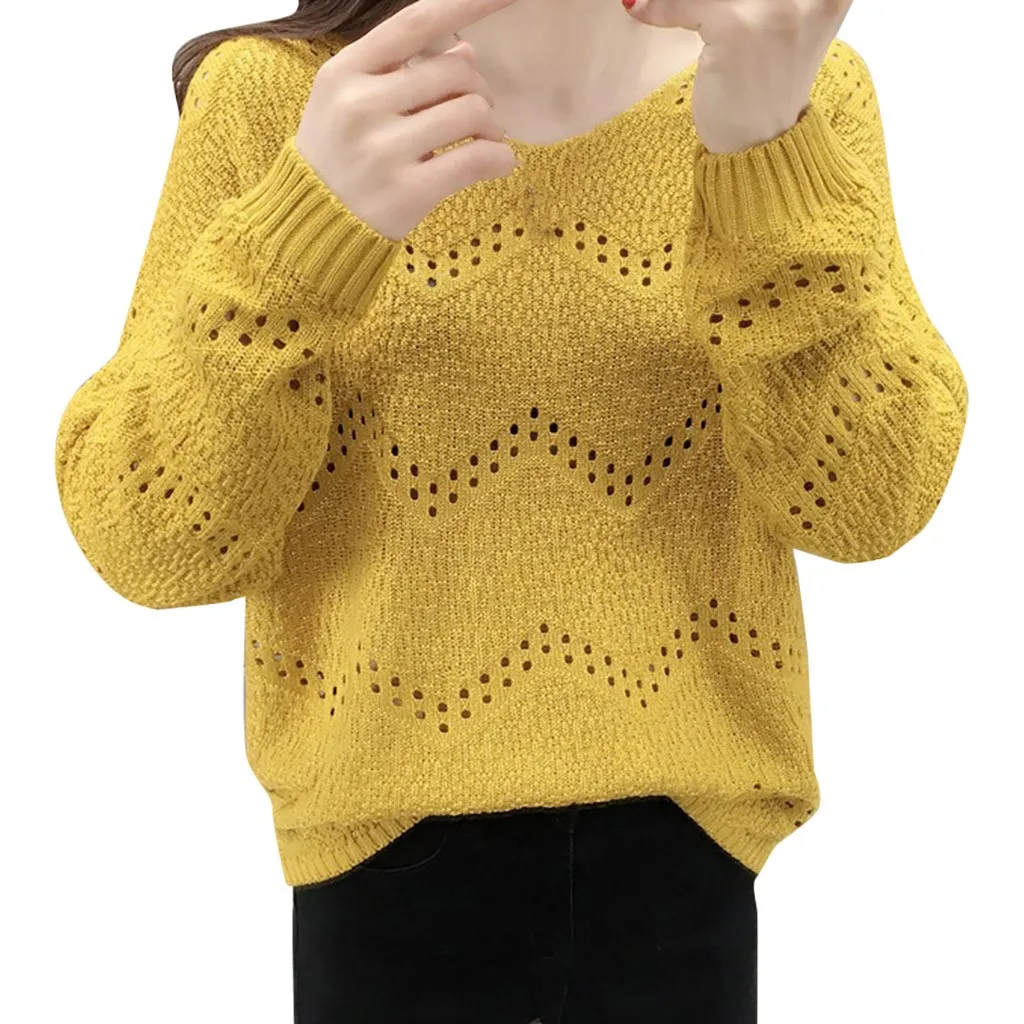 Jaycosin Fashion Women Casual Simple Long Sleeve Knitting V-Neck Sweater Stylish Comfortable Bottoming Hollowed Out Sweater