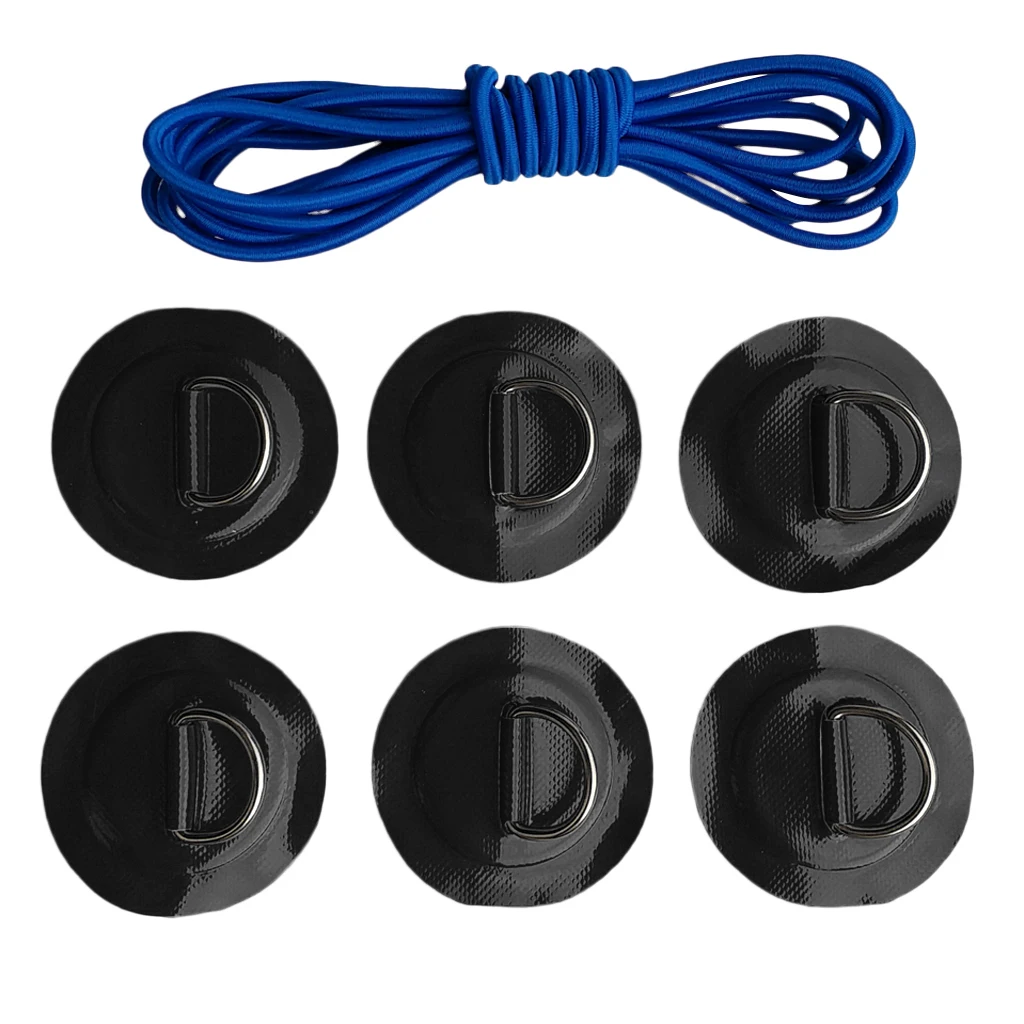 6Pcs Inflatable Boat Kayak SUP D-ring Patch & Elastic Shock Cord Set- 6 Colors Dinghy D Ring Round Patch