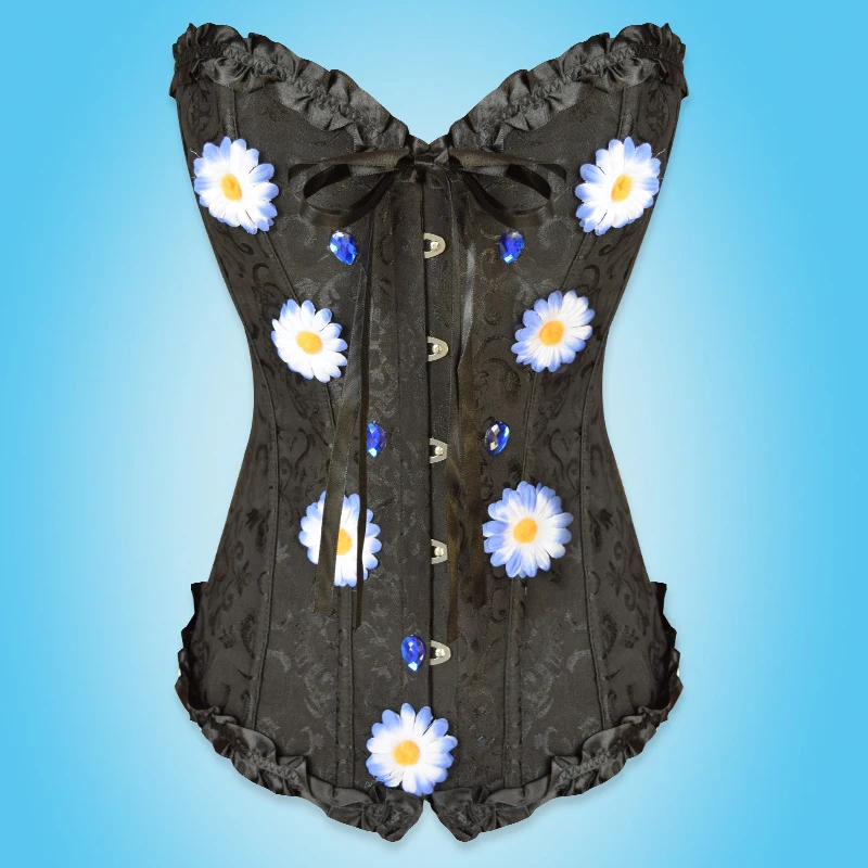 black with flowers Готический вышитый парчовый корсет, Корректирующее белье, бюстье, на шнуровке, стимпанк корсет, сексуальный корсет без бретелек, облегающий корсет - Цвет: black with flowers