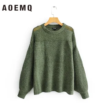 

AOEMQ Fashion Sweater Patchwork Thin&Thick Pullovers Solid Green Color Spring Sweaters Latern Long Sleeve Tops Women Clothing