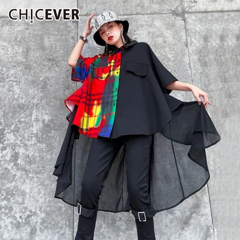 

CHICEVER Patchwork Hit Color Shirt For Female Lapel Collar Short Sleeve Oversize Loose Asymmetric Blouse Women 2020 Summer New