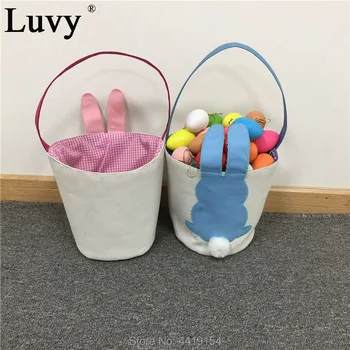 

30pcs/lot Personalized Easter Bunny Basket 2 Color Canvas Easter Tote Bucket Bag For Kids Egg Hunts Candy Storage Happy Easter