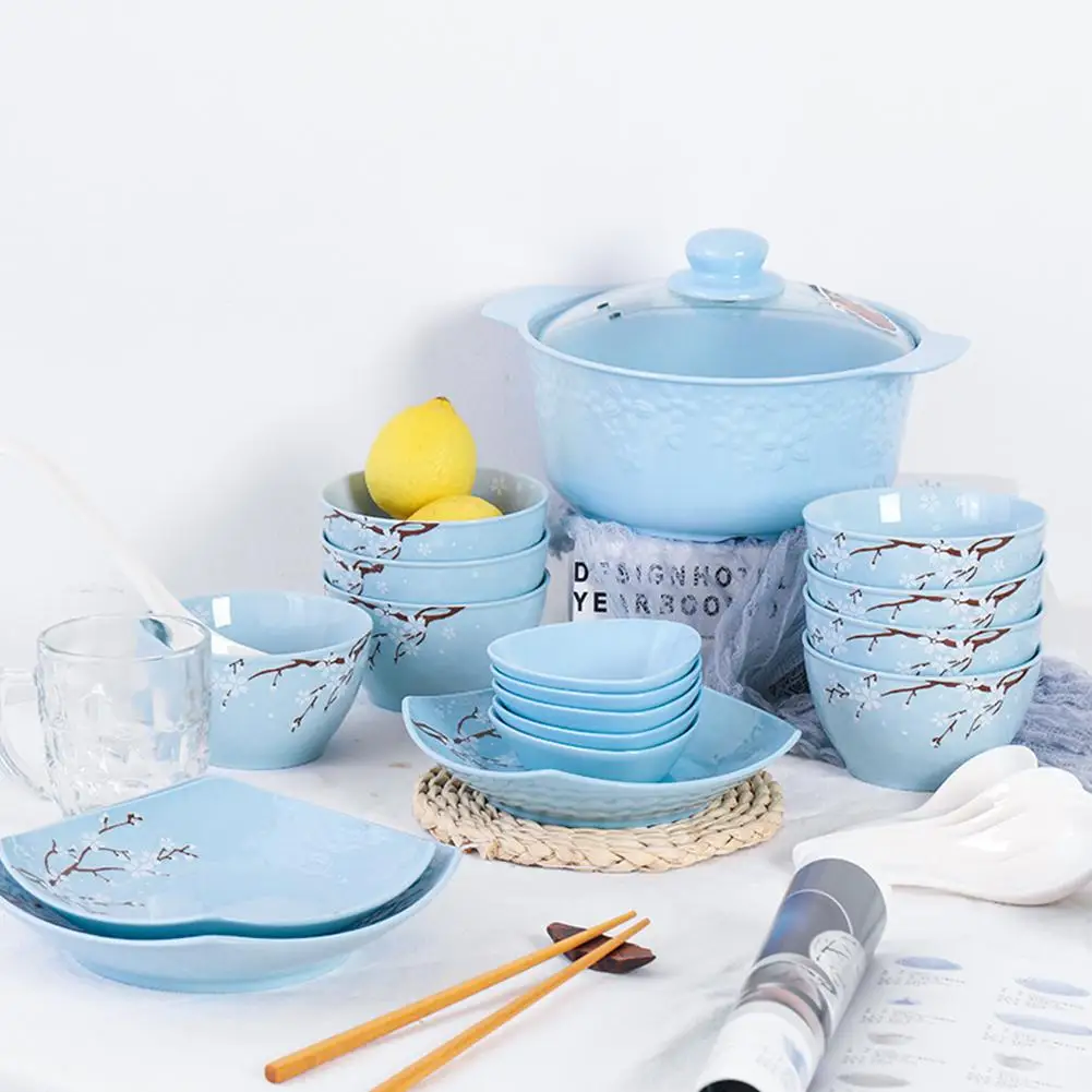 

MeterMall 40Pcs/Set Sakura Pattern Ceramic Bowl Dish Pot Spoon Tableware Set