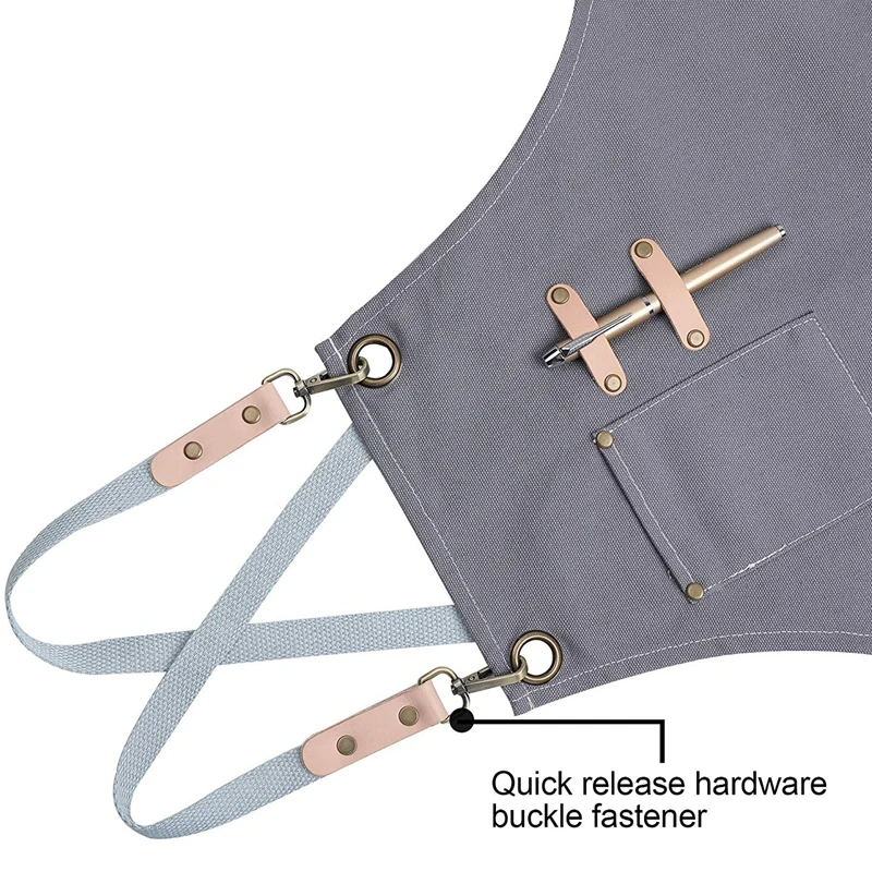 Cotton Apron Men and Women, Chef Grill Studio Apron with Adjustable Table Apron Coffee Hairdresser Tooling Apron Gray