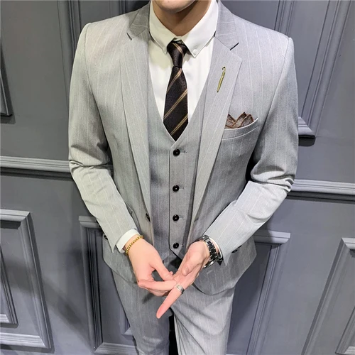 Light Grey Мужская мода бутик полосатый свадебное платье костюм из трех частей мужские формальные деловые случайные костюмы S-5XL(пиджак+ жилет+ брюки - Цвет: Light Grey