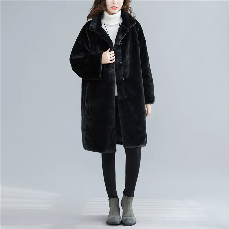 Женская пушистая куртка из искусственного меха, мохнатая Новинка, зимняя куртка размера плюс с длинным рукавом, черная куртка с плюшевым мишкой, большие размеры, свободные длинные меховые пальто