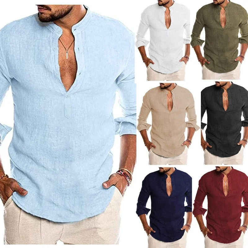 ICCLEK 2021 Hot Style Shirt Summer Shirt V-neck Shirt Linen Shirt New Cardigan Stand-up Collar Long-sleeved Men's Shirt icclek high street solid color denim long pants men s jeans 2021 new loose straight leg pants stitching wide leg pants