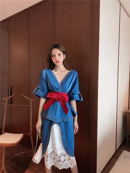 

Runway Designer Sexy V-neck Bow Sashes Ruffles Open Fork Denim Dress + Elastic Waist Lace Midi Skirt Women Fashion Two Piece Set