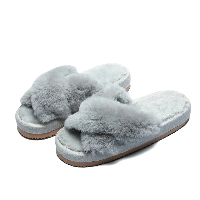 Warm Fluffy Slippers Women Cozy Faux Fur Cross Indoor Floor Slides Flat Soft Furry Shoes Ladies Female Celebrities Flip Flops 477-Gray
