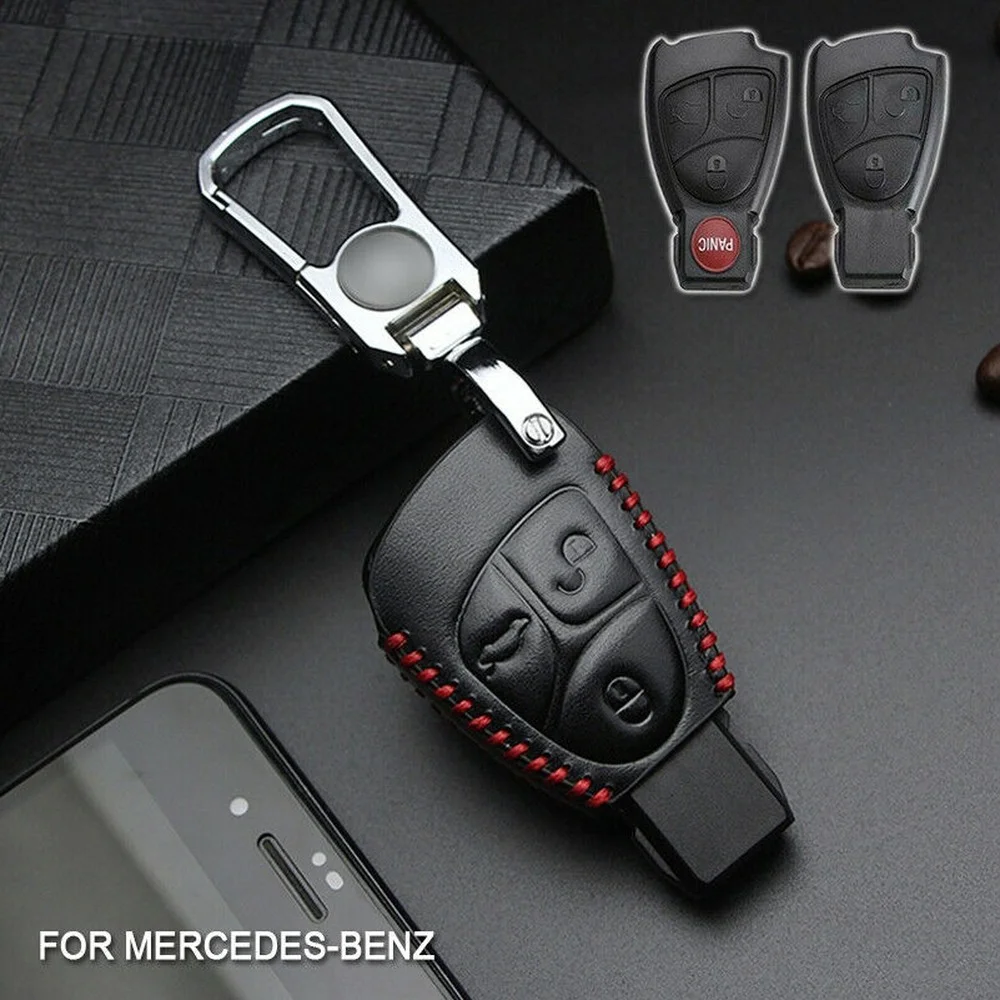 Leather Remote Car Key Fob Case Cover Holder Shell for Mercedes Benz C B E R Class GL CLS CLK SLK W203 W211 W204 3 Buttons Chain