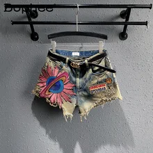 Short Denim brodé de fleurs pour femmes, taille haute, slim, droit, court, jean, jambe large, déchiré, Clubwear, été, 2021