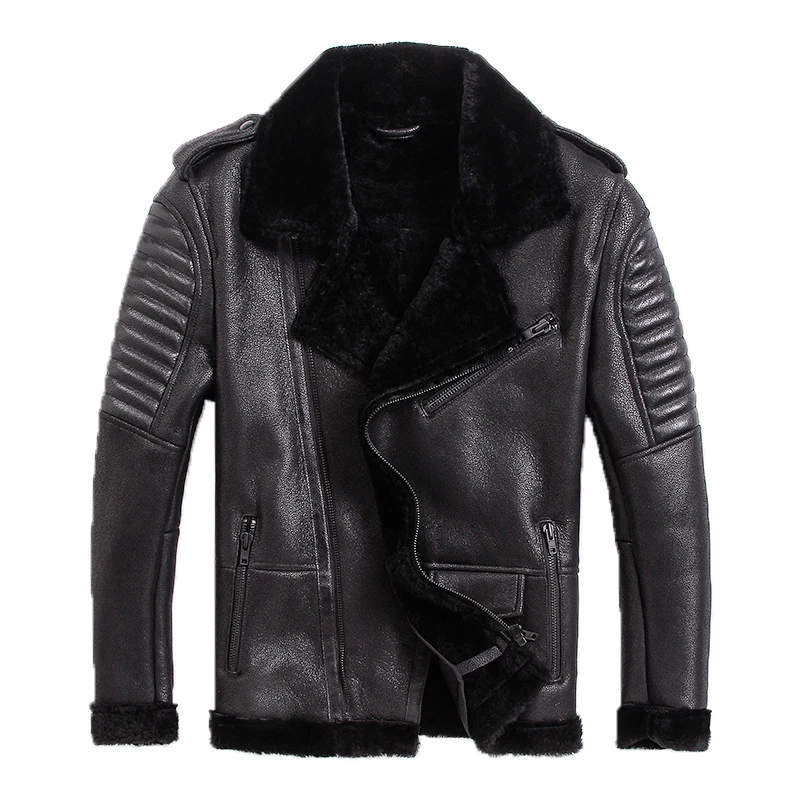 

Free shipping,100% Sheepskin,motor wool Shearling,man's warm leather jacket,men's fur winter coat.plus size black jackets.