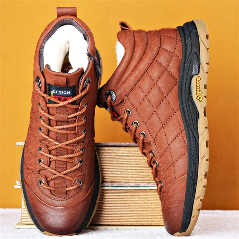 Working Non Slip Ankle Boots Winter Warm Men Boots Genuine Leather Wool Fur Outdoor Snow Boots