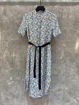 

2020 Spring and Summer New Women's round Neck Small Yellow Pattern Color Matching Lace-up Waist Hugging Short-Sleeve Dress 615