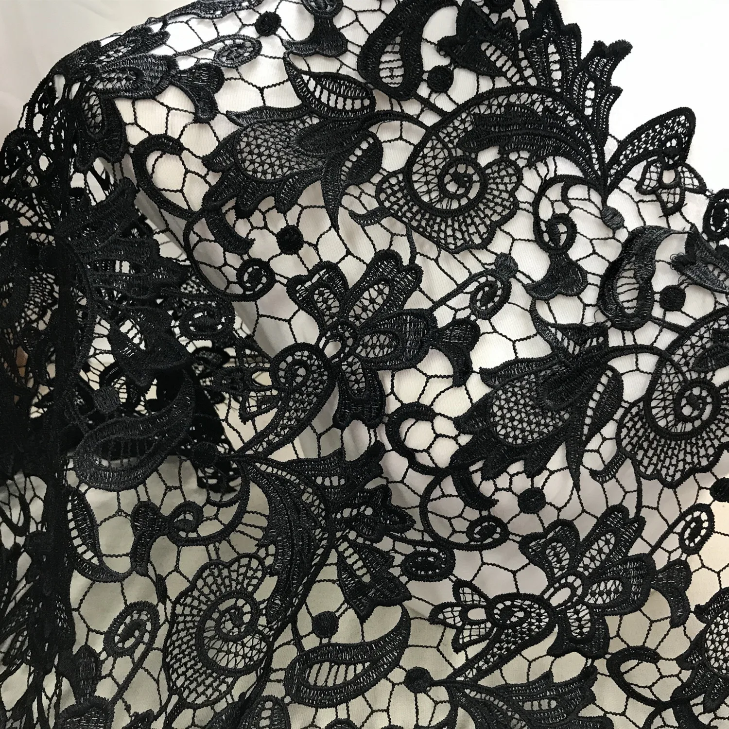 Black Lace Fabric, Embroider Lace Fabric, Black Venice Lace Fabric