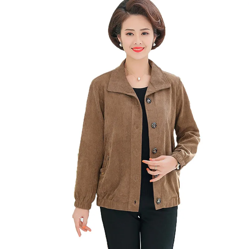 

Spring Autumn Women's Jacket Middle-Aged Elderly Mothers Casual Corduroy Outerwear Single-Breasted Loose Ladies Tops Coat 5XL