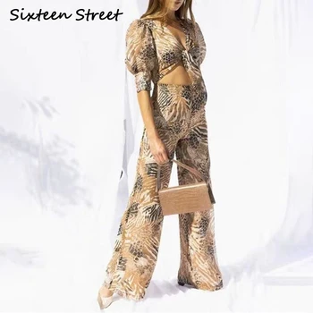 

New Spring 2 Piece Sets Woman Leopard print short puff sleeve shirts and elastic waist pants female Boho Summer beach fashion