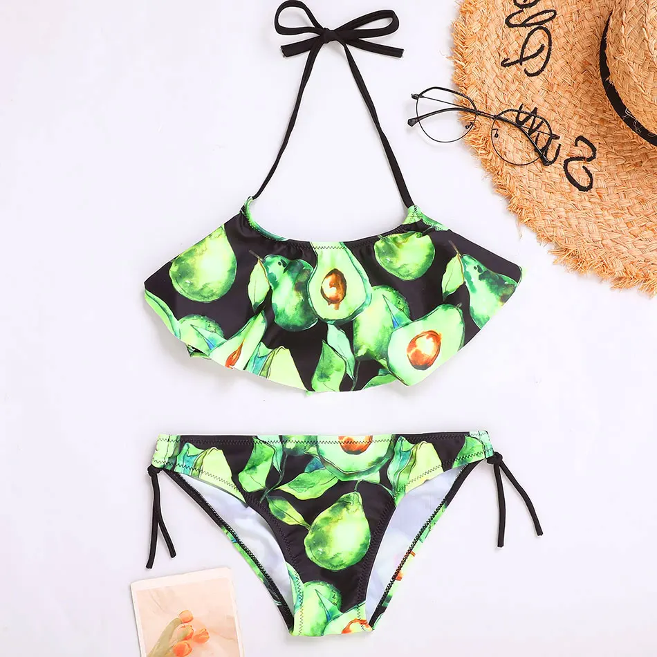 

Flounce Girl Swimsuit Kids Avocado Print Girl Bikini Set 7-14 Years Two Piece Children's Swimwear Halter Top Girls Bathing Suits