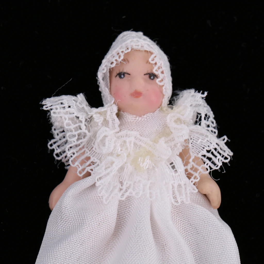 12th Porcelain Baby Children Doll in White Lace Dress Dollhouse People Figures Decoration