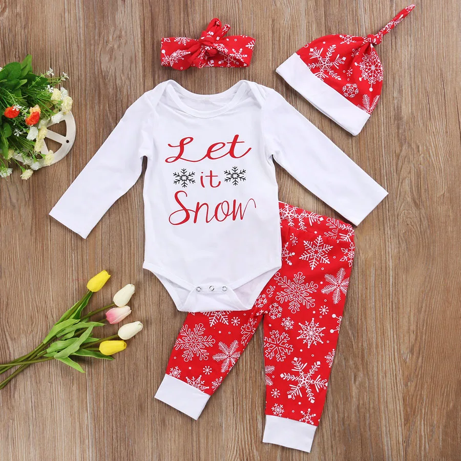 cool Toddler Baby Boy Girl Christmas clothes letter print long sleeve Romper red Snowflake Pants Clothes headband hat Outfit Set