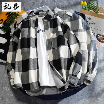 

Thicken Warm Lattice Men Shirt Spring Button Black Shirt Men Loose Casual Vintage Japanese High Street Mens Shirt Coat MM60NCS