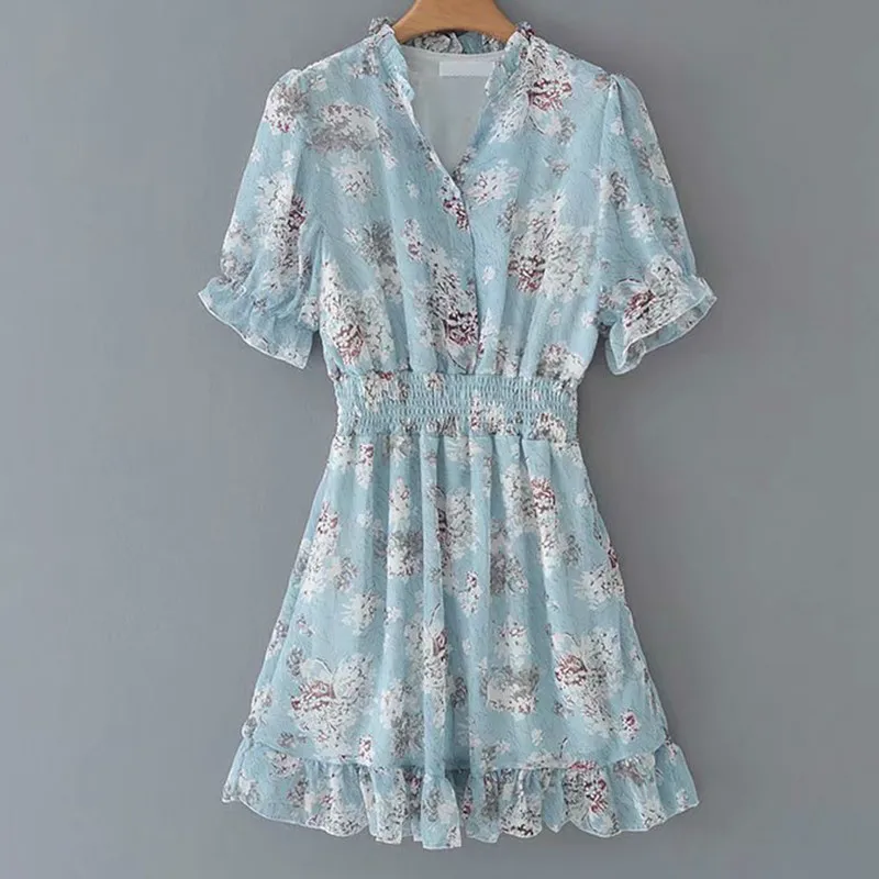

2019 Women Chic Floral Print Summer Chiffon Dress Elegant Lady Short Sleeve V Neck Elastic Waist A-line Sweet Dress YD8835