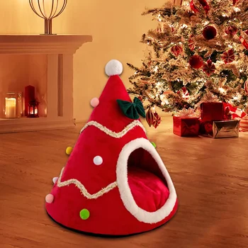 

Christmas Cat Bed Cute Christmas Tree Shape Pet Tent Winter Warm Soft Cat Dog House Pet Nest for Cats Kittens Small Animals