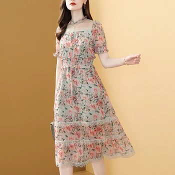 

Gedivoen Fashion Designer Summer Dress Women Short Sleeve Floral Print Diamonds Elastic Waist A Line Dress Party Midi Dresses