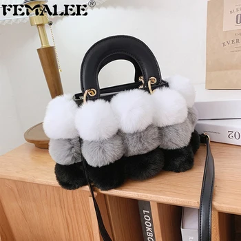 

Winter Women Plush Shoulder Bag New Fashion Contrast Color Crossbody Handbag Lady High Quality Fur Square Purse Luxury Party Bag