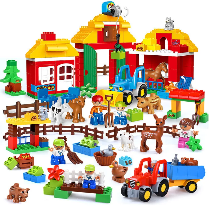 

Compatible Duplo Large Size Farm Series Blocks Sets Family House Bricks DIY Enlighten Building Blocks Toys For Children No Box