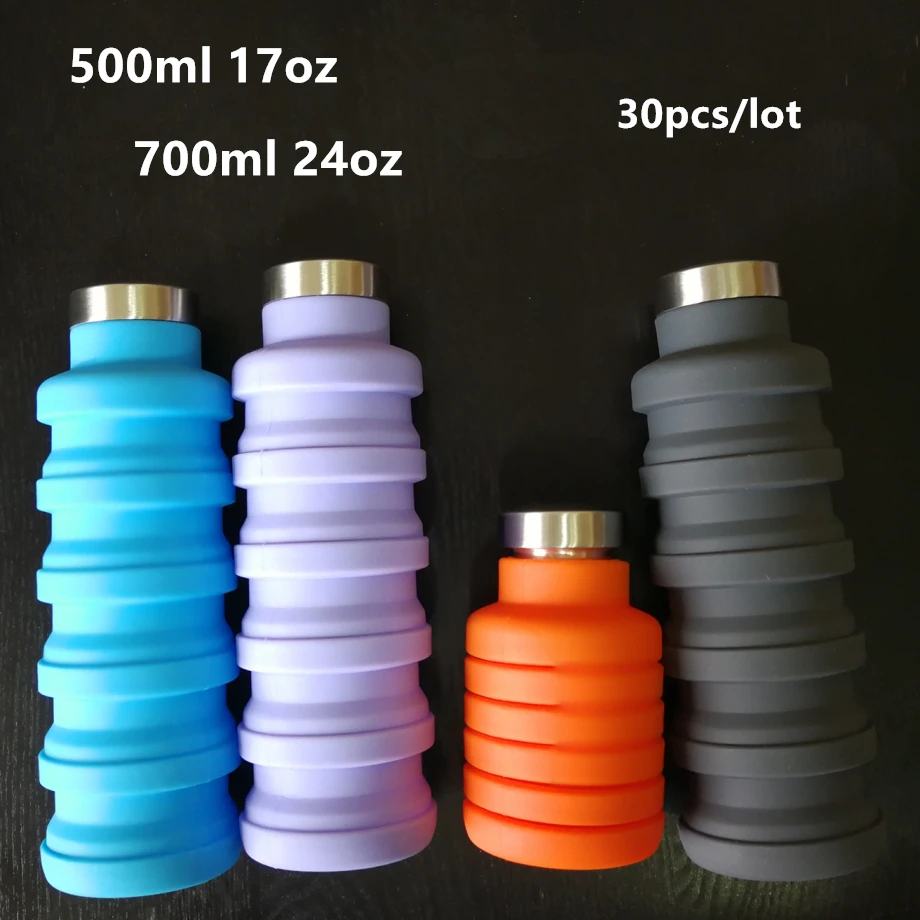 

30pcs/lot 500ml 700ml Silicone collapsible water bottle 17oz 24oz folding sports kettle telescopic travel mug cup leak proof lid