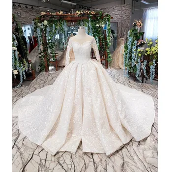 

BGW 3195ht Ivory Applique Wedding Dress 2020 O Neck Long Train Wedding Dress With Long Sleeves Button ชุดแ ต่งงาน