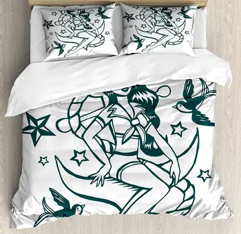 

Anchor Duvet Cover Set Pin-up Girl Nautical Sailor Suit Surrounded by Swallow Birds Stars Hand Drawn Bedding Set Dark Blue White