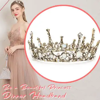 

Baroque Luxury Rhinestone Opal Bridal Full Crown Wedding Party Prom Vintage Full Round Crystal Big King Queen Tiara Crown