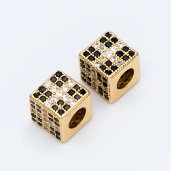 

4pcs CZ Pave Gold Cube Spacers 7mm, 18K Gold plated Brass, Large Hole Square Beads Diy Jewelry Findings Accessories (GB-797-1)