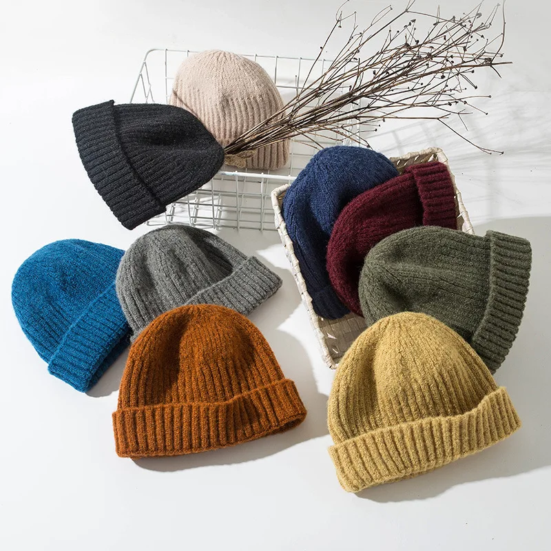 Зимняя теплая вязаная шапка Skullies, повседневная короткая шапка в стиле хип-хоп, женская и мужская шапка, однотонная вязаная шапка с черепом, эластичные шапки унисекс