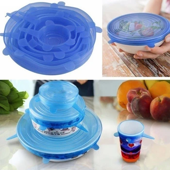 

New 6pcs/set Kitchen Reusable Silicone Food Storage Wrap Microwave Bowl Seal Cover Stretch Lid Kitchen Gadget blue
