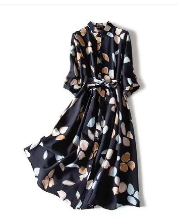 Женское длинное платье из шелка большого размера в иностранном стиле с лацканами