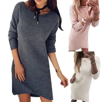 

Women Autumn O Neck Long Sleeve Solid Color Knitted Sweater Warm Mini Dress