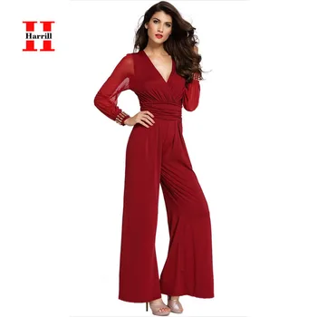 

Solid Flare Jumpsuit Women Rivet Mesh Sleeve Romper Women Elegant V-Neck High Waist Long Jumpsuits Office Ladies Spring Rompers