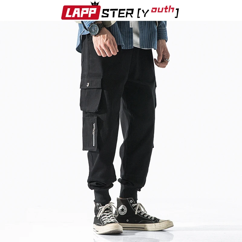 LAPPSTER-Youth Men Streetwear Hip Hop Joggers Pants Mens Harajuku Black Cargo Pants Male Fashions Black Pockets Track Pants